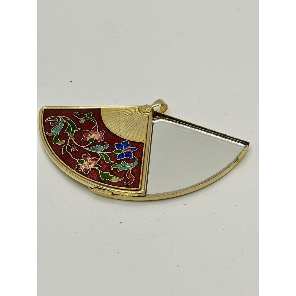Vintage Asian Fan Red Floral Enamel Damascene Open Fan /Mirror Pendant Gold tone
